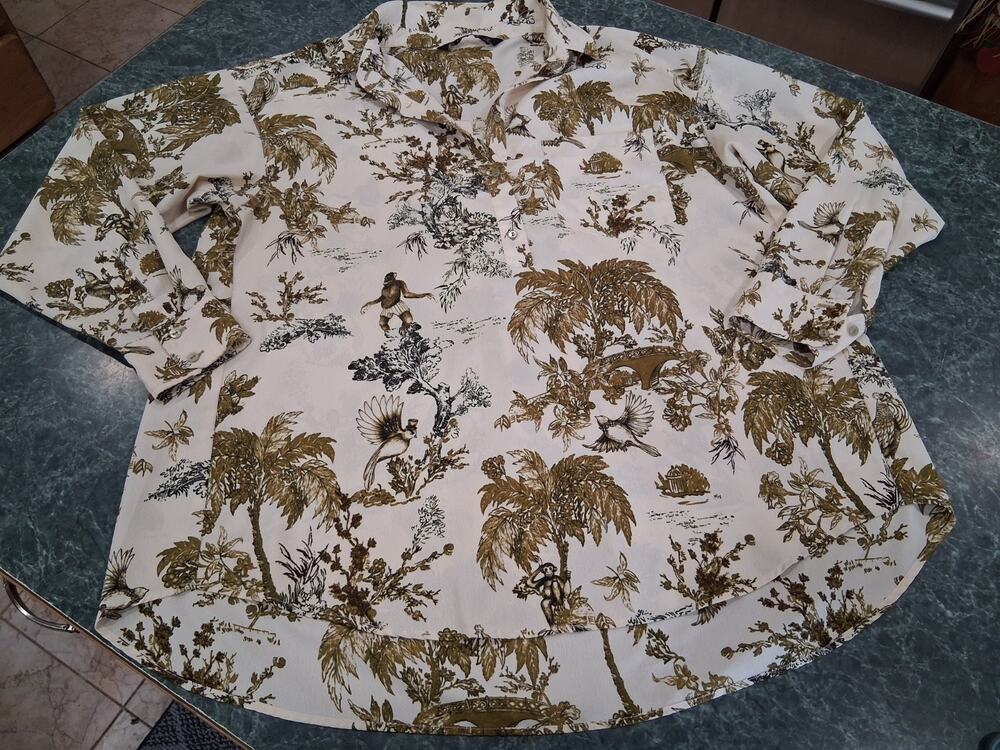 Zara Oversized Safari Jungle Green Palm Cream Toile Button Down Blouse Sz S